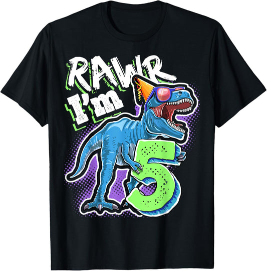 Kids Rawr I'm 5 5th Birthday T Rex Dinosaur Party Gift Boys T-Shirt