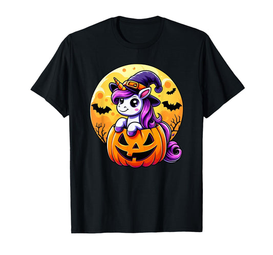 Halloween Cute Unicorn Witch Hat Pumpkin Funny For Kid Girl T-Shirt