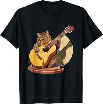 Retro Cat Playing Acoustic Guitar For Music and Cat Lovers T-Shirt