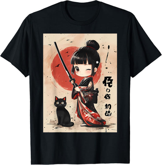 Cute Kawaii Samurai Girl with Katana Cat Japanese Anime T-Shirt