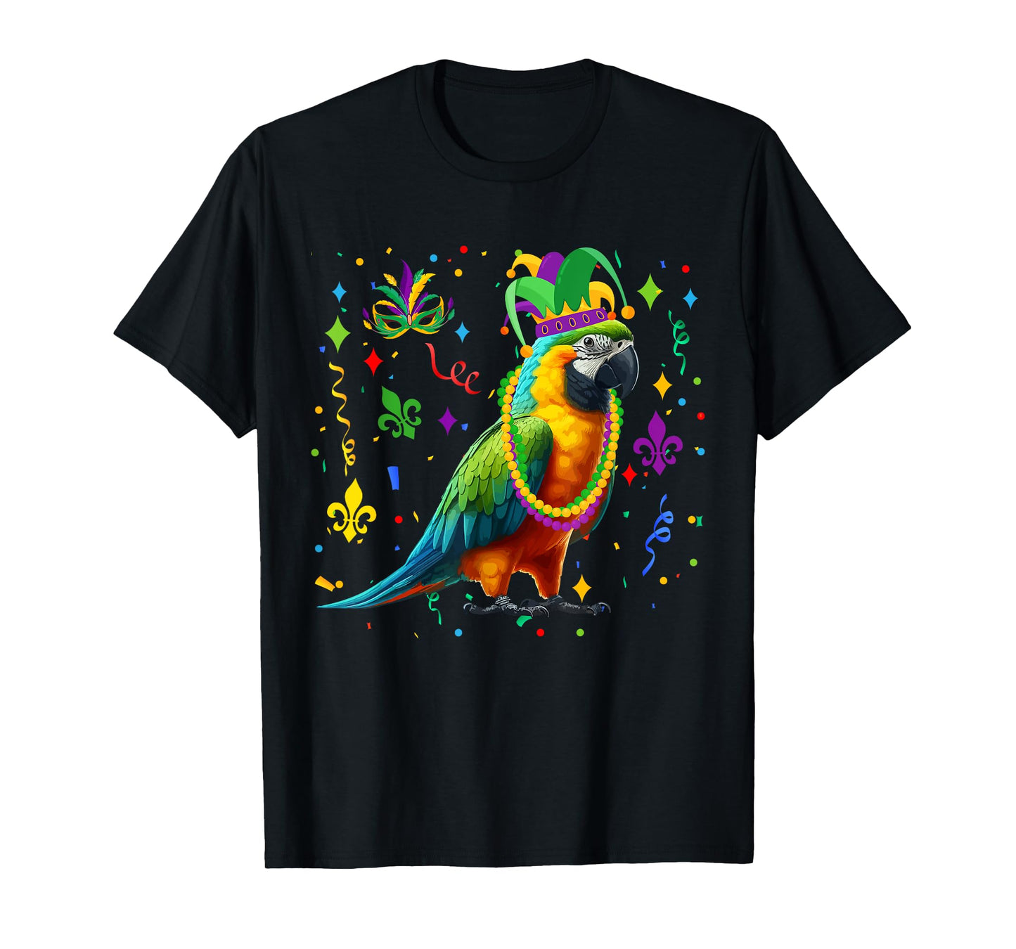 Parrot Wearing Mardi Gras Beads Jester Hat Masked Parades T-Shirt