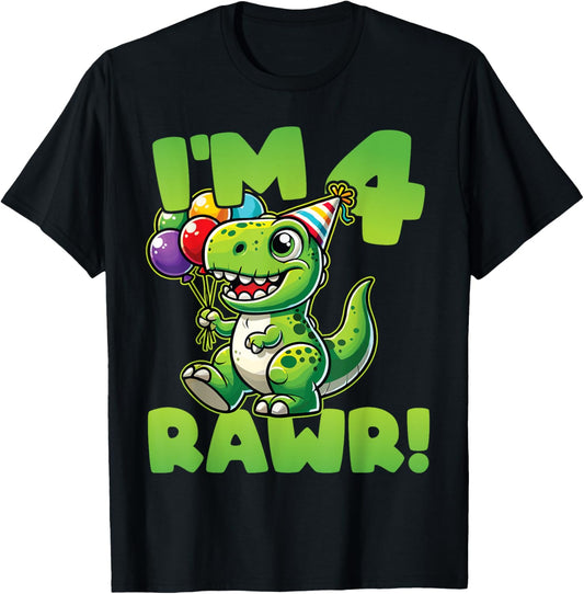 Dinosaur 4th Birthday I'm Four Rawr Cute T-Rex Party T-Shirt