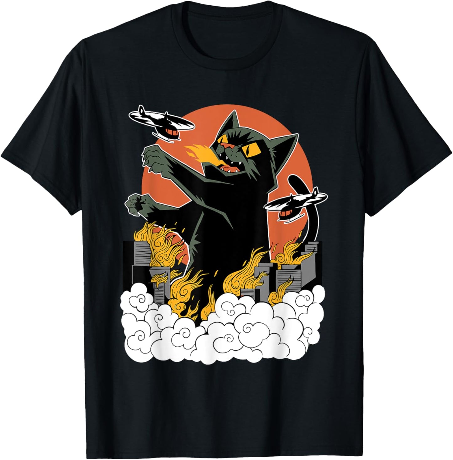 Black Japanese Catzilla Sunset T-Shirt - Classic Fit, Crew Neck, Cotton & Polyester Blend