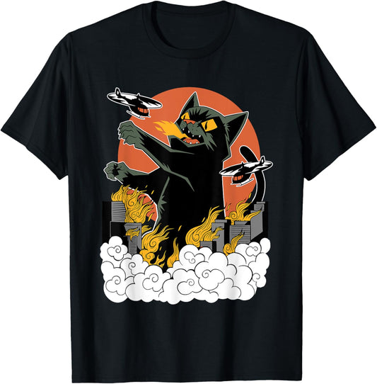 Black Japanese Catzilla Sunset T-Shirt - Classic Fit, Crew Neck, Cotton & Polyester Blend