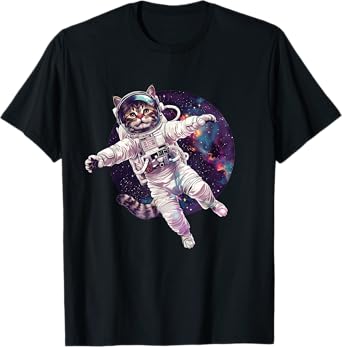 Funny Cat Astronaut in Space T-Shirt for Men Women Girls Kids