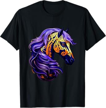 Purple Gold Black Horse Fantasy Swirl Wave Pattern Design T-Shirt