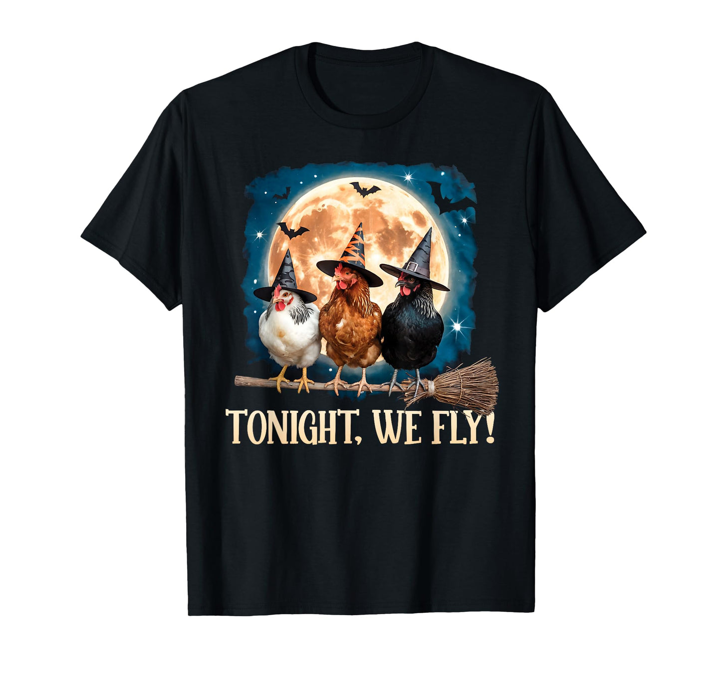 Tonight We Fly Moon Bat Funny Spooky Chicken Witch Halloween T-Shirt