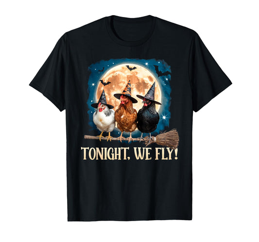Tonight We Fly Moon Bat Funny Spooky Chicken Witch Halloween T-Shirt