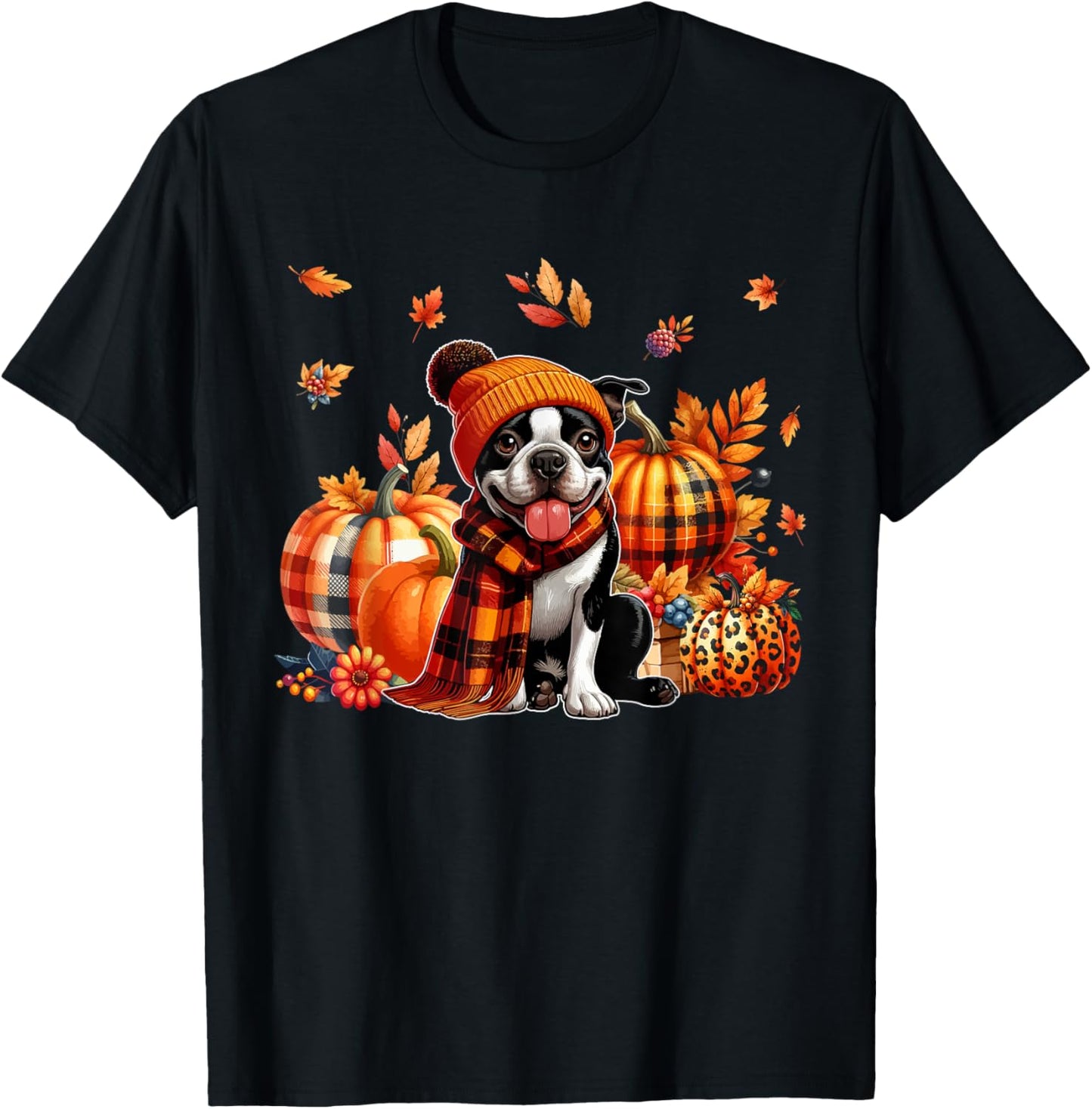 Boston Terrier Thanksgiving Leopard Pumpkins Fall Leaves T-Shirt