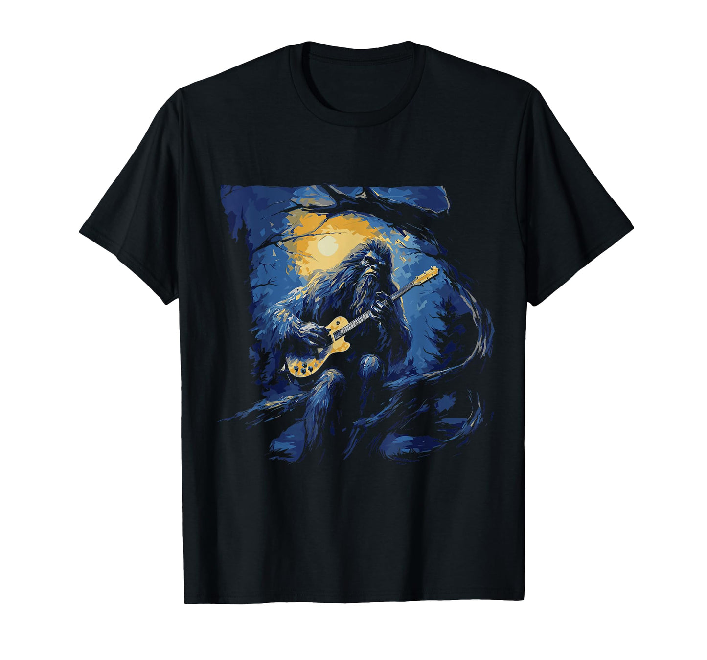 Bigfoot Playing a Guitar Starry Night Funny Sasquatch Rocker T-Shirt