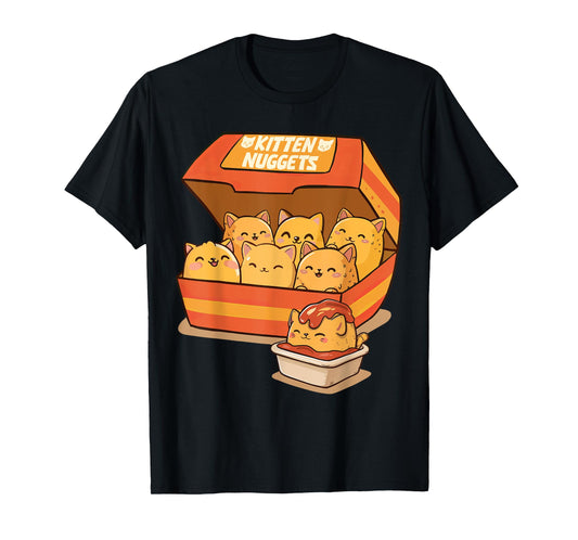 Cat Lover Fast Food Chicken Nuggets Cat Foodie Kitten Nuggets T-Shirt - Unisex-Adults & Kids - Black - Small - Short Sleeve - Cat Themed T-Shirt