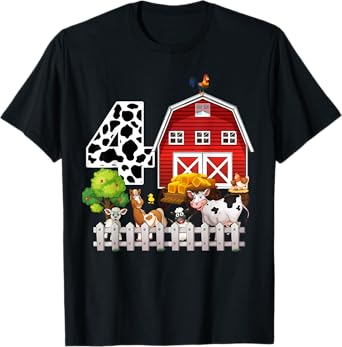 Farm Animals 4th Birthday 4 Year Old Birthday Kids Boy Girl T-Shirt