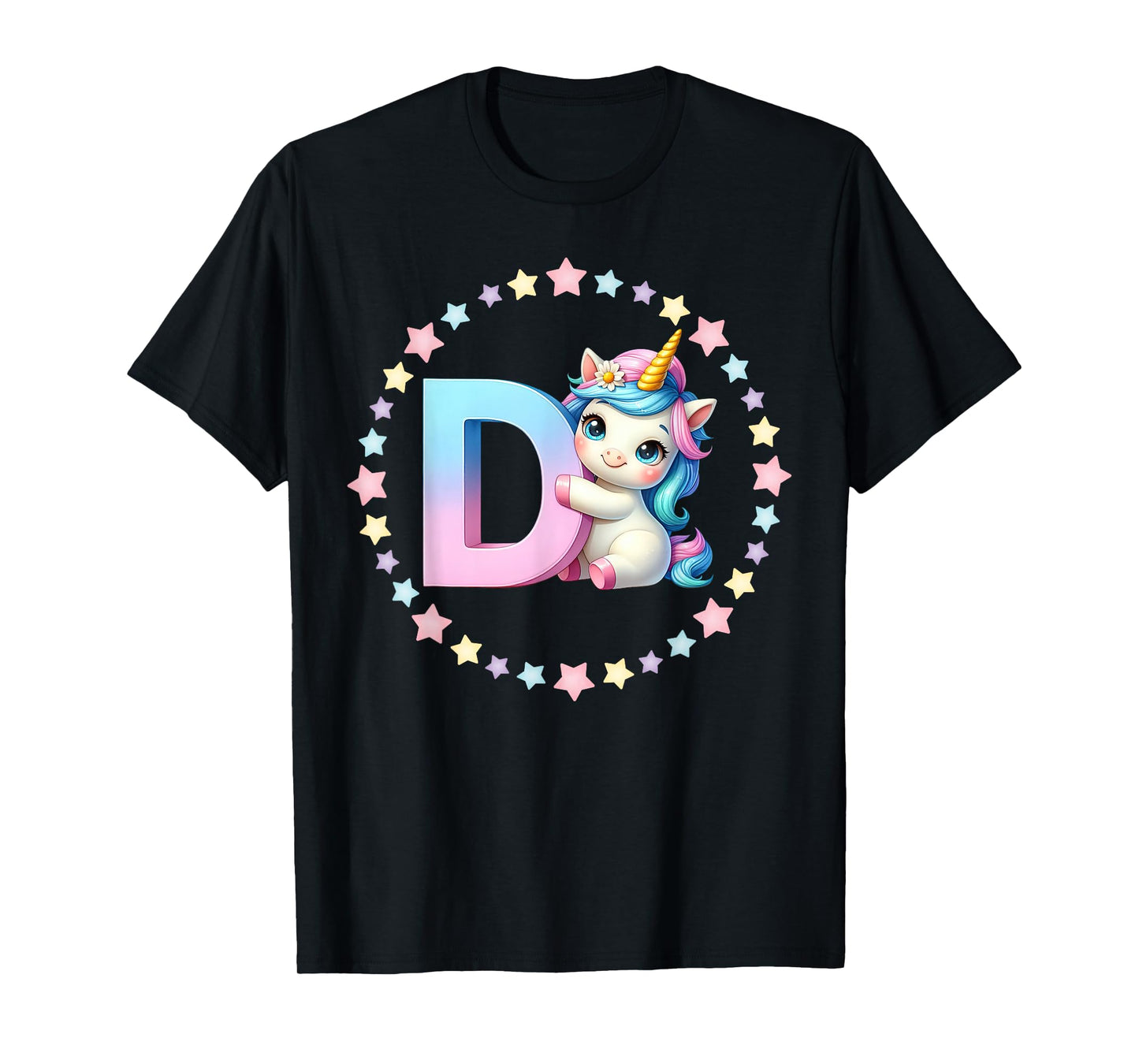 Unicorn Letter D Initial Rainbow Monogram for Girls and Kids T-Shirt