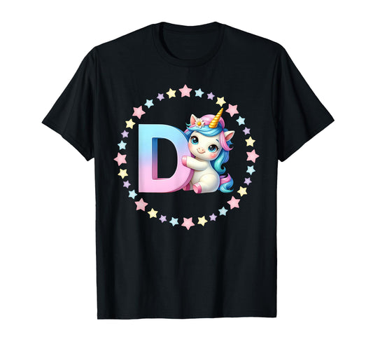Unicorn Letter D Initial Rainbow Monogram for Girls and Kids T-Shirt