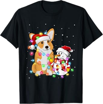 Funny Corgi Dog Christmas Tee Snowman Xmas Lights Pajama T-Shirt