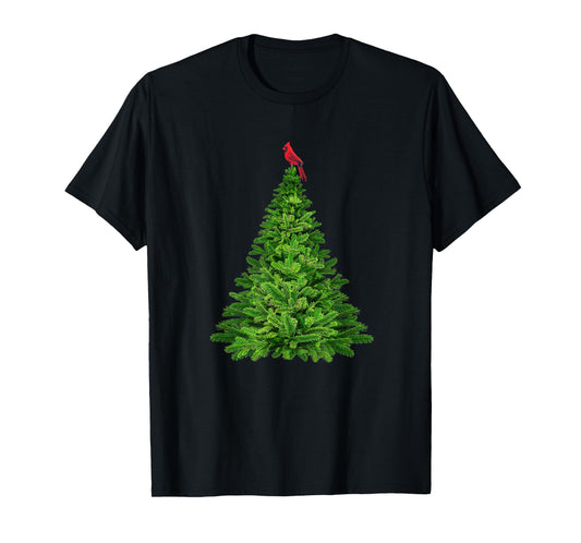 Cardinal Red Bird in Pine Tree Christmas T-Shirt