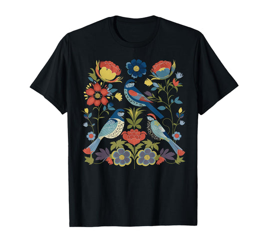 Cottagecore Birds and Flowers Folk Art Scandi Art Nature T-Shirt