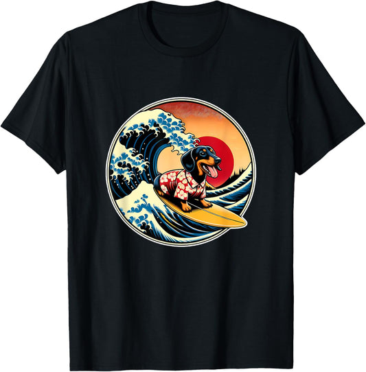 Great Wave Kanagawa Weiner Dachshund Dog Surfing T-Shirt