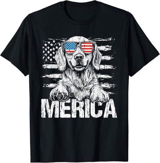 Patriotic Golden Retriever Dog Merica US Flag 4Th Of July T-Shirt