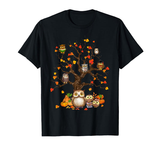 Owls Leaves Tree Fall Autumn Pumpkin Halloween Owl Lover Kid T-Shirt