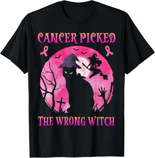 Cancer Picked The Wrong Witch Breast Cancer Halloween Cat T-Shirt