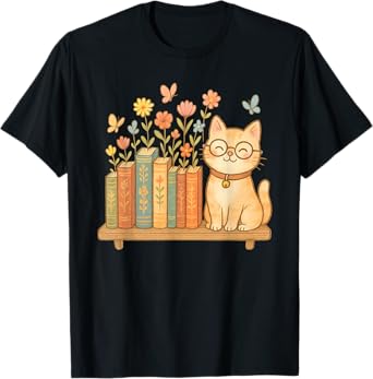 Cute Kawaii Cat Books Flowers T-Shirt for Men Women Kids