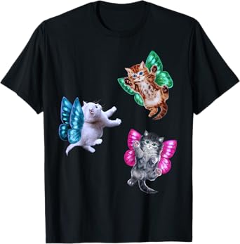 Flying Fairy Kittens with Butterfly Wings, Cute Fantasy Cat T-Shirt