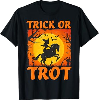 Halloween Horse Lover Witch Riding A Horse Trick or Trot T-Shirt