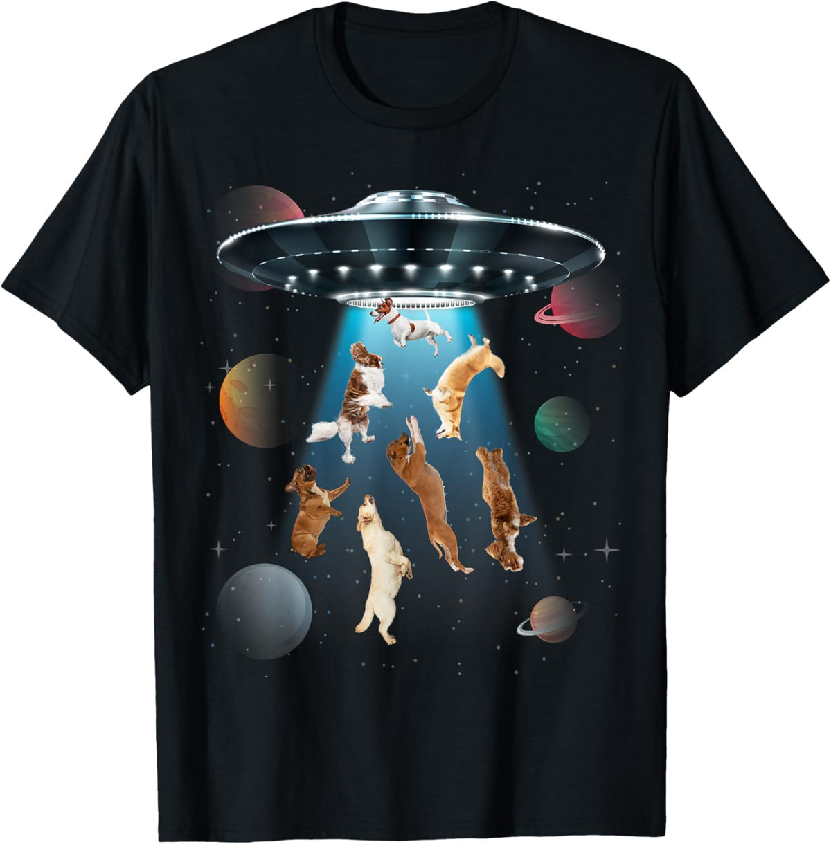 Funny dogs in space aliens ufo abduction planets galaxy T-Shirt