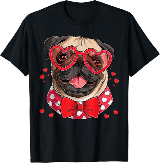 Pug Face Heart Glasses Valentines Day Dog Lover Owner Gift T-Shirt