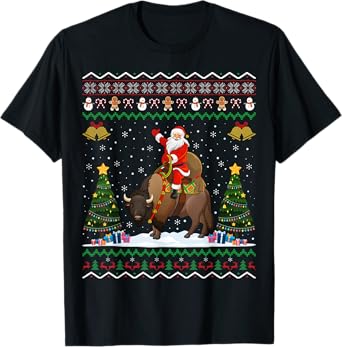 Bison Ugly Xmas Gift Santa Riding Bison Christmas T-Shirt