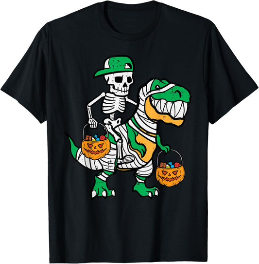 Skeleton Green Cap Dino Toddler Boys Halloween Kids Youth T-Shirt