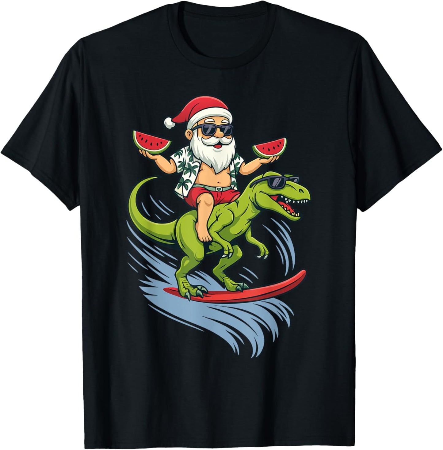 Surfing Santa on Dinosaur Christmas in July Beach Fun T-Shirt