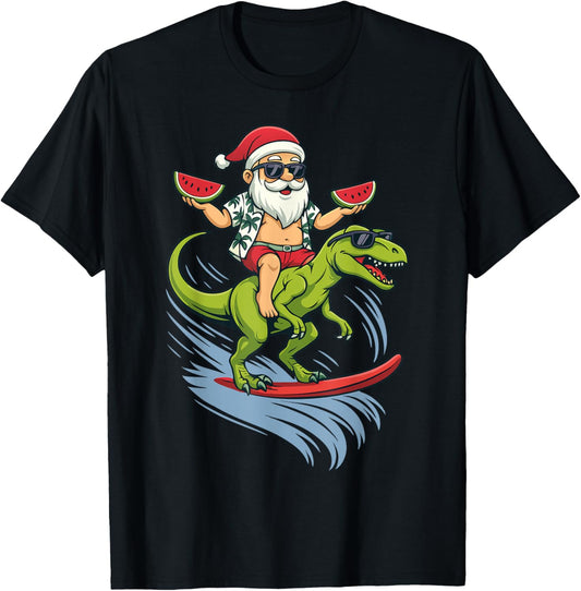 Surfing Santa on Dinosaur Christmas in July Beach Fun T-Shirt
