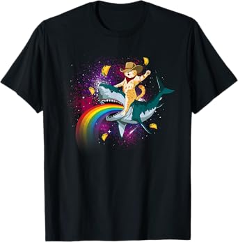 Western Cowboy Cat Riding A Shark In Taco Space Rainbow T-Shirt