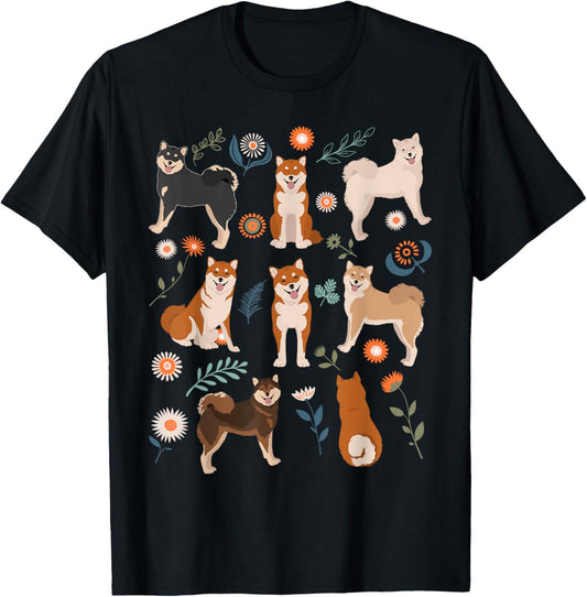Shiba Inu Dog Flowers, Cute Pet Red Black Tan White Sesame T-Shirt