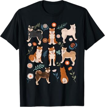 Shiba Inu Dog Flowers, Cute Pet Red Black Tan White Sesame Men Women Kids T-Shirt