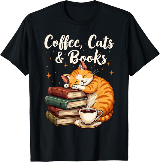 Coffee Cats & Books Lover, For Women & Girls, Funny Coffee T-Shirt