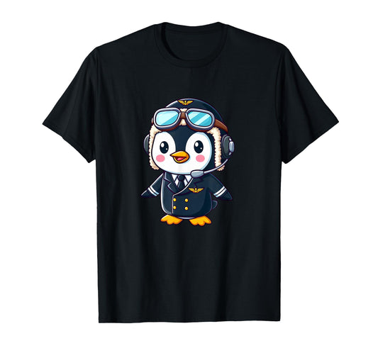 Penguin Cartoon Pilot Flying Airplane T-Shirt