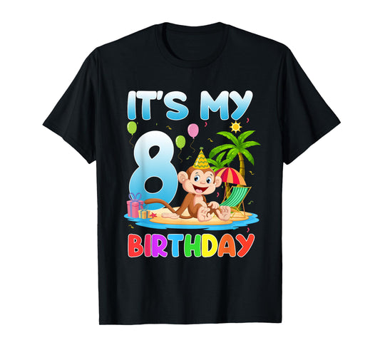 It's My 8th Birthday Summer Monkey 8 Year Old Bday Party Kid T-Shirt