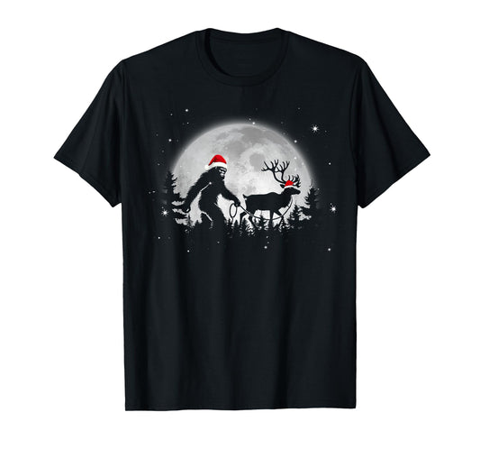 Funny Bigfoot Walking Reindeer Full Moon Christmas Sasquatch T-Shirt