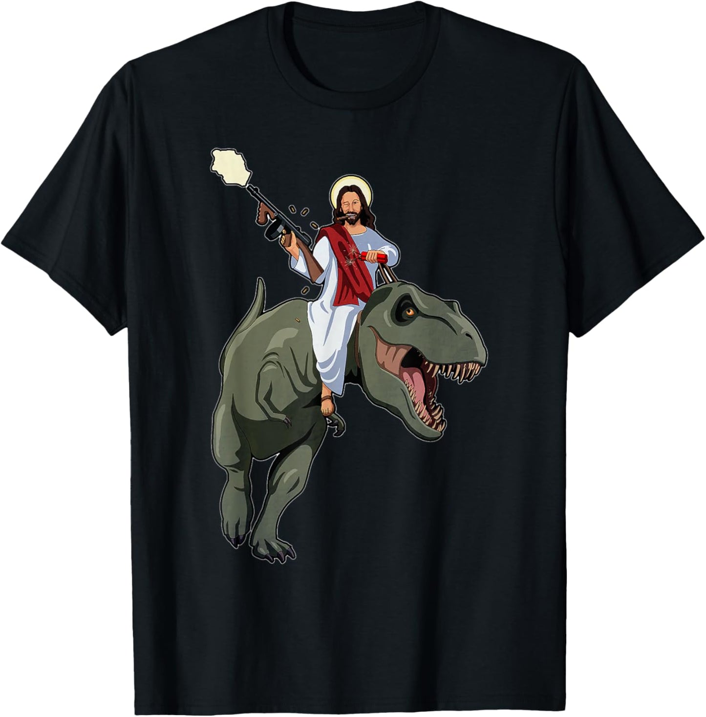 Gun Jesus Riding A T-rex Dinosaur Funny Christian Dino Lover T-Shirt