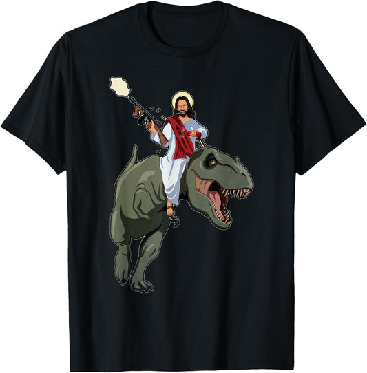 Gun Jesus Riding A T-rex Dinosaur Funny Christian Dino Lover T-Shirt