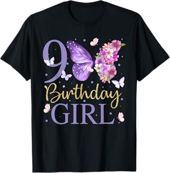 It's My 9th Birthday Butterfly Theme 9 Year Old Party Girl T-Shirt