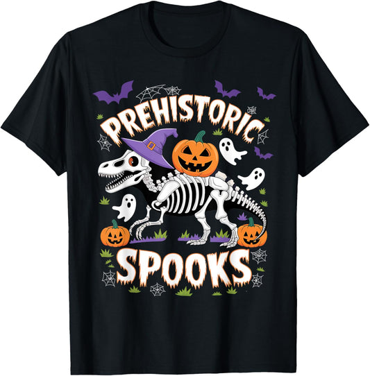 Prehistoric Spooky Dinosaur Skeleton with Halloween Pumpkin T-Shirt