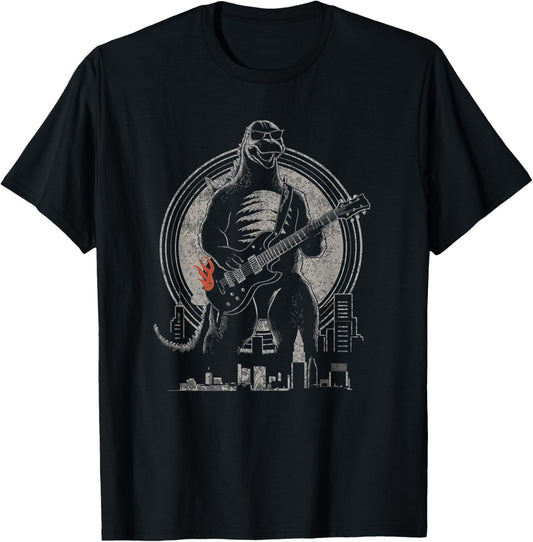 Theater Of Oneness - Music Dinosaur Guitar Funny Vintage Guitar Graphic Rock Guitarist T-Shirt, Small, Black