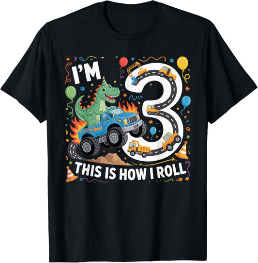 Dinosaur Monster Truck 3rd Birthday 3 Year Old Construction T-Shirt