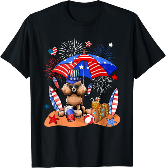 Poodle Sunglasses Relaxing On Beach 4th Of July US Flag T-Shirt