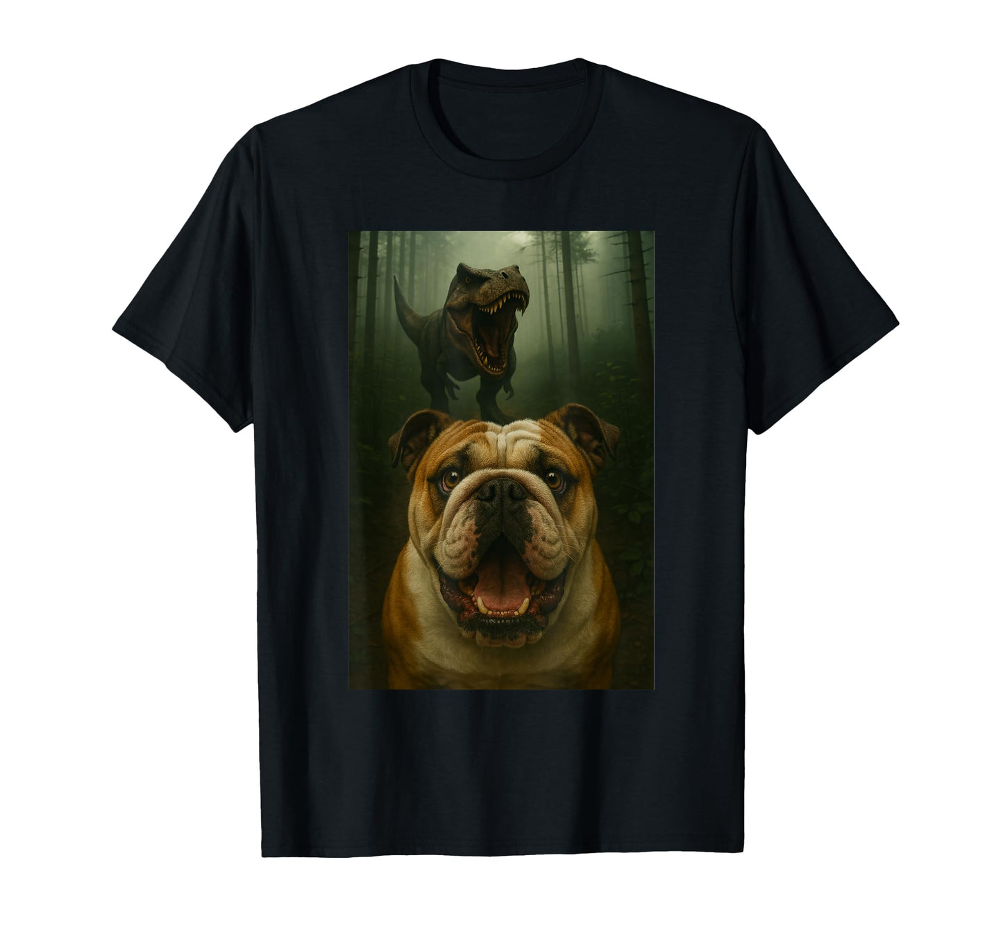 English Bulldog Dog Selfie With T-Rex Dinosaur Funny T-Shirt