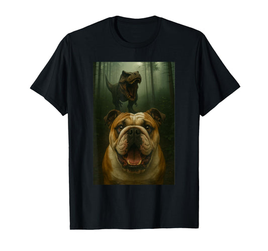 English Bulldog Dog Selfie With T-Rex Dinosaur Funny T-Shirt